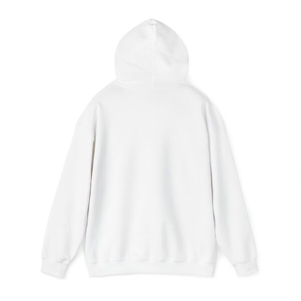 BOL white sweatshirt with hood up.