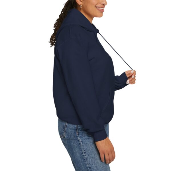 Side view of woman in BOL navy sweatshirt.